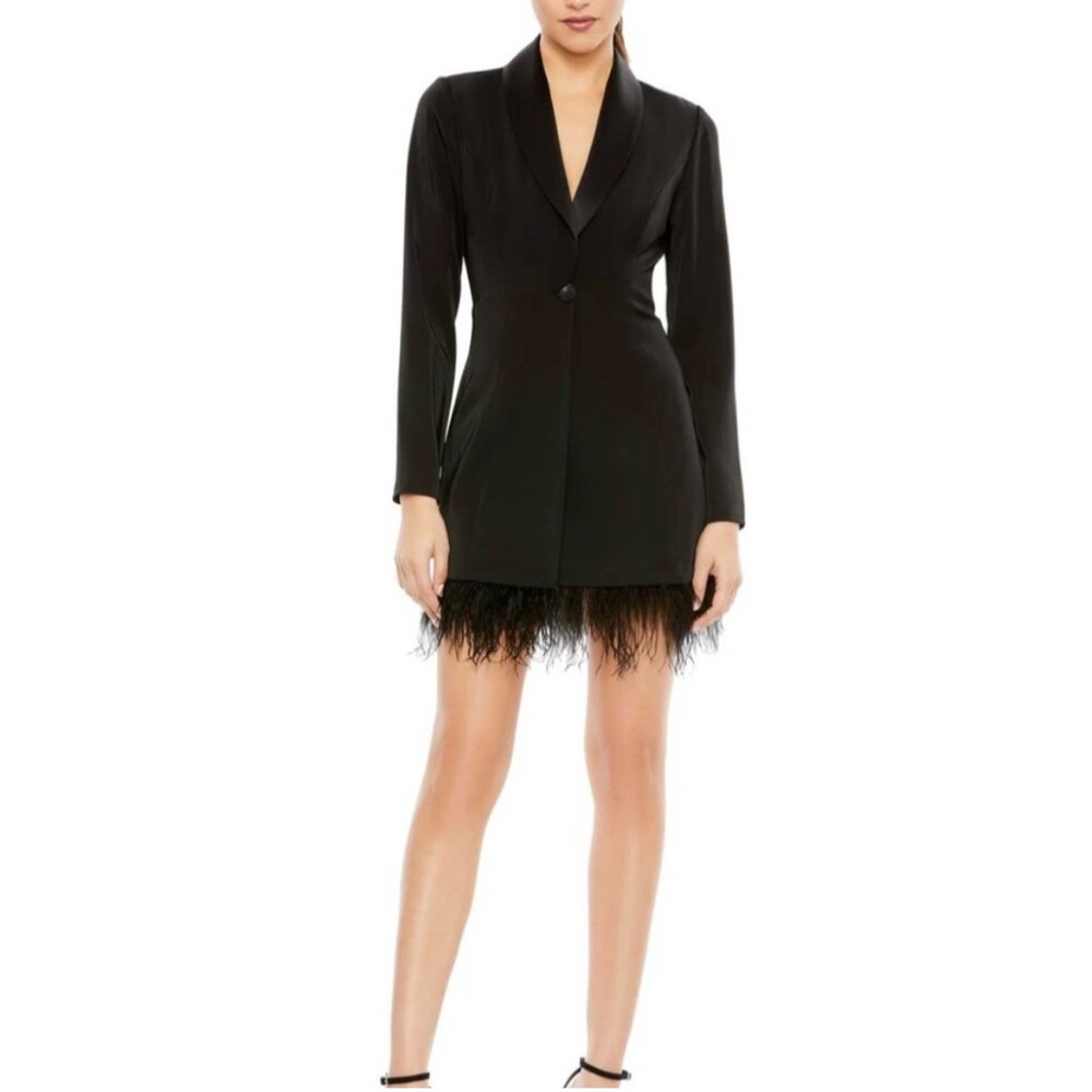 NWT Mac‎ Duggal Ieena Feather Trim Tuxedo Mini Dress Black Size 12